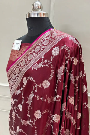 Maroon Makra Jaal Katan Silk Banarasi Saree