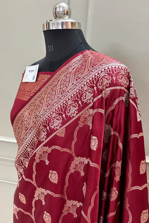 Maroon Mughal Mehrab Katan Silk Banarasi Saree
