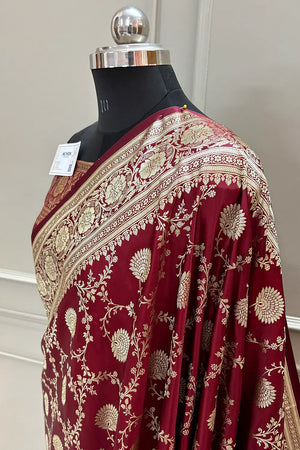 Maroon Pankhuri Jaal Katan Silk Banarasi Saree