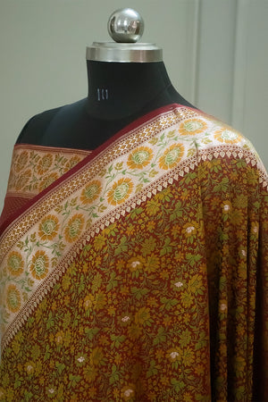 Maroon and Rust Jungli Jaal Katan Silk Banarasi Saree