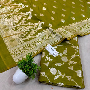 Mehendi Golden Zari Katan Silk Banarasi Suit