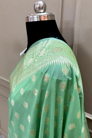 Mint Green Golden Zari Crepe Silk Banarasi Saree