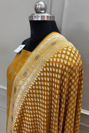 Mustard Jaalnuma Siroski Stone Pure Georgette Silk Banarasi Suit