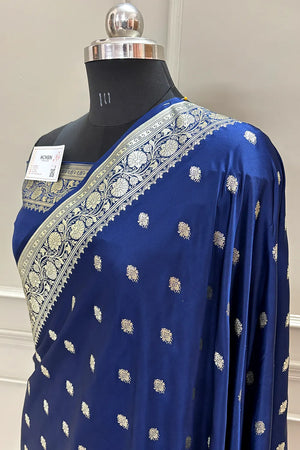 Navy Blue Flying Buti Katan Silk Banarasi Saree