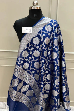 Navy Blue Golden Zari Katan Silk Banarasi Dupatta