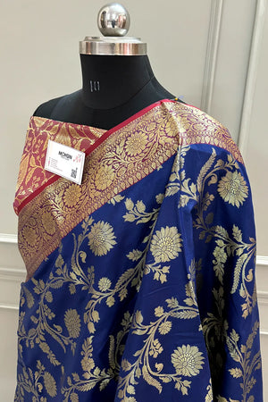 Navy Blue and Red Morpankhi Jaal Satin Silk Banarasi Saree