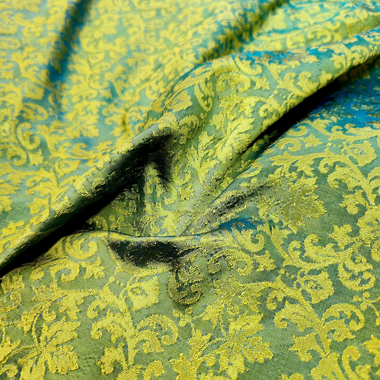 Parrot Green Tanchoi Satin Silk Banarasi Fabric