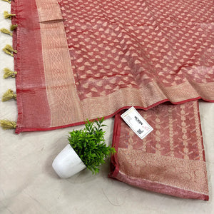 Peach Golden Zari Tissue Silk Banarasi Suit