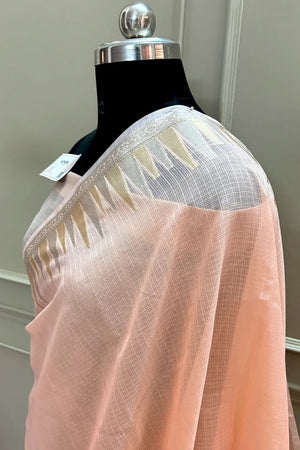 Peach Plain Moonga Check Silk Saree