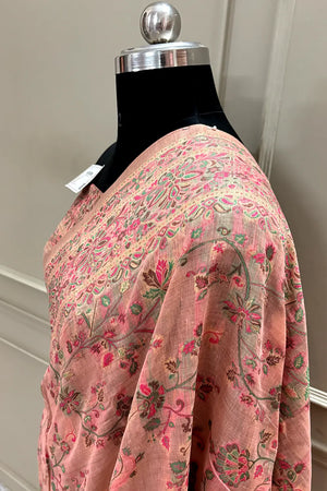 Peach Printed Linen Silk Banarasi Saree