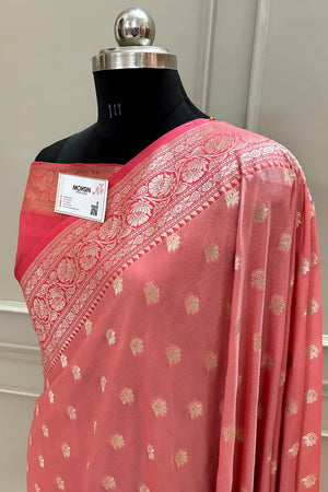 Peach and Dark Peach Ghonga Buti Katan Silk Banarasi Saree