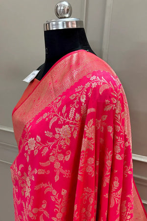 Pink Golden Zari Banarasi Silk Saree