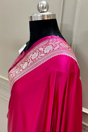 Pink Golden Zari Plain Katan Silk Banarasi Saree