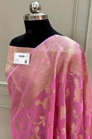 Pink Lotus Jaal Chanderi Silk Banarasi Saree