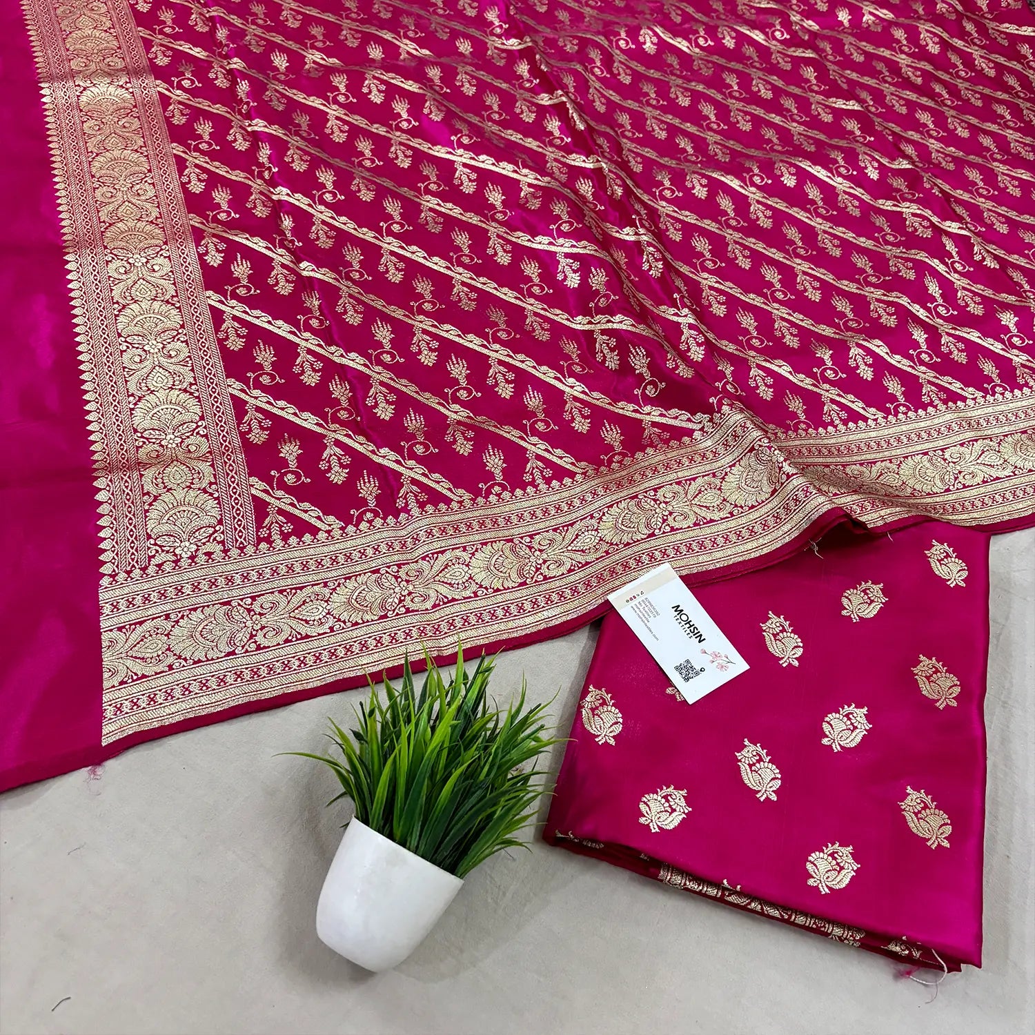 Pink Madiyan Buti Satin Silk Banarasi Suit