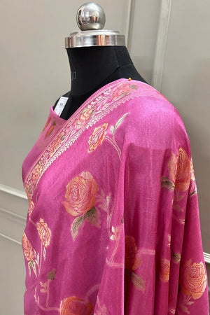Pink Rosy Jaal Georgette Silk Banarasi Saree