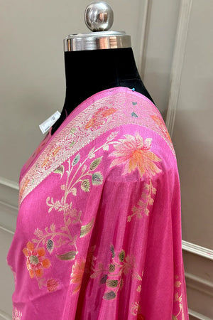 Pink Shakahari Jaal Georgette Silk Banarasi Saree