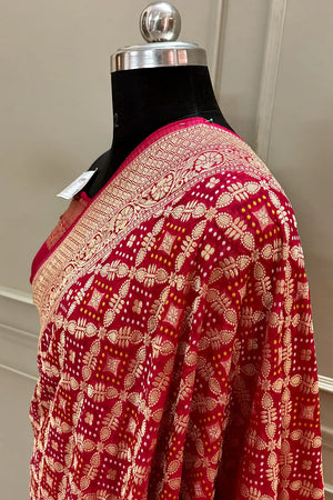Pinkish Red Bandhej Georgette Silk Banarasi Saree