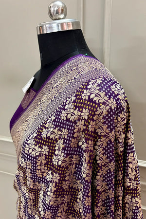 Purple Bandhej Georgette Silk Banarasi Saree
