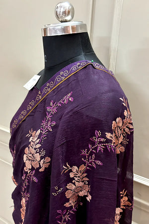 Purple Embordiery Siroski Work Georgette Silk Saree