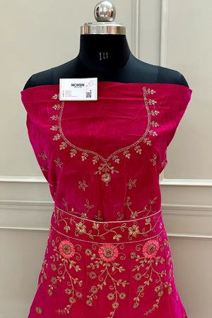 Rani Pink and Blue Zariwork Semi Stitched Velvet Lahenga