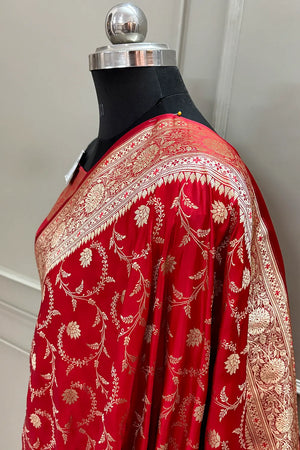 Red Eragon Jaal Katan Silk Banarasi Saree