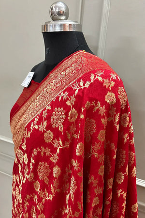 Red Golden Zari Georgette Silk Banarasi Saree