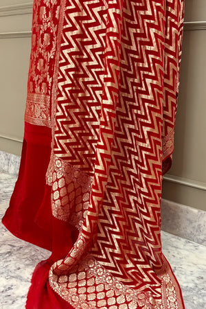 Red Golden Zari Pure Georgette Silk Banarasi Suit