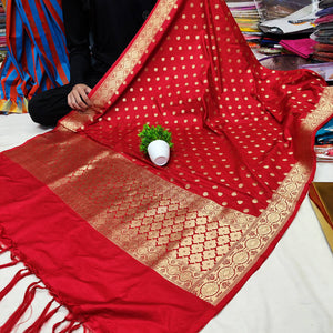 Red Handloom Pure Katan Silk Banarasi Dupatta
