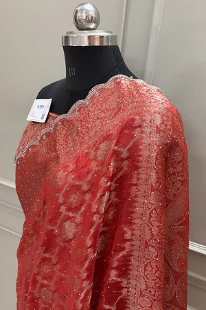 Red Resham Zari Siroski Stone Cotton Silk Banarasi Saree