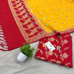 Red and Yellow Golden Zari Katan Silk Banarasi Saree