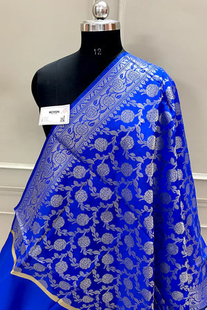 Royal Blue Golden Zari Satin Silk Banarasi Dupatta