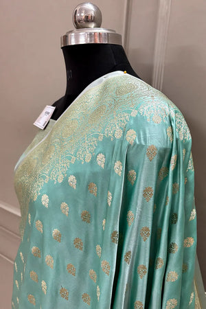 Sea Green Golden Zari Katan Silk Banarasi Saree