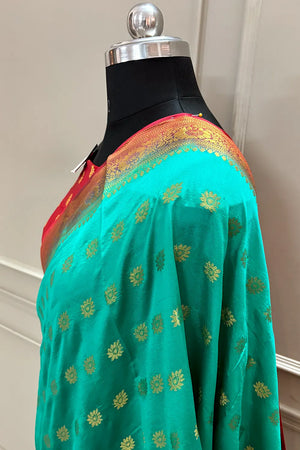 Sea Green and Red Golden Zari Silky Banarasi Saree