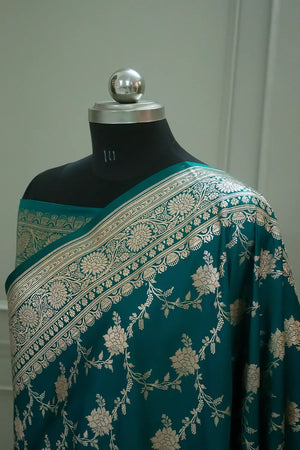 Teal Akbari Jaal Katan Silk Banarasi Saree