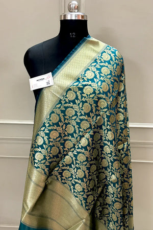 Teal Golden Zari Katan Silk Banarasi Dupatta