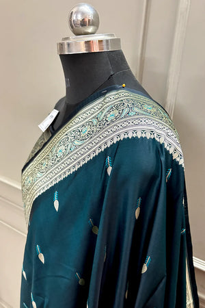 Teal Tilak Buti Katan Silk Banarasi Saree