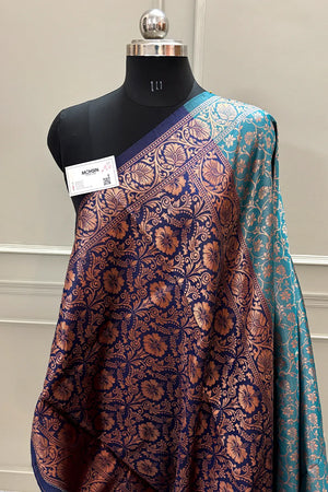 Teal and Navy Blue Antique Zari Silky Banarasi Saree
