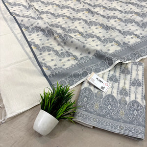 White Resham Zari Banarasi Silk Suit