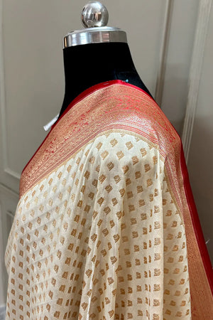 White and Red Golden Zari Katan Silk Banarasi Saree