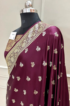 Wine Chaman Buti Katan Silk Banarasi Saree