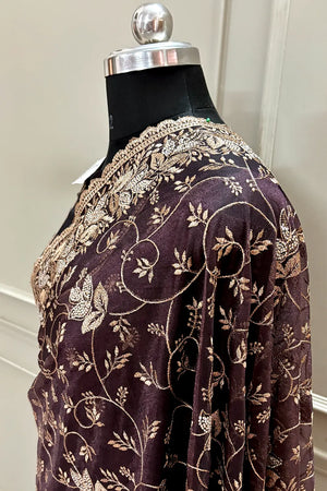 Wine Embordiery Siroski Work Silk Saree