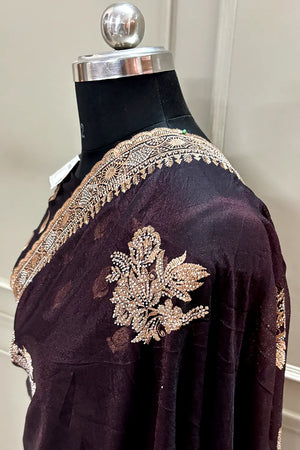 Wine Embordiery Siroski Work Silk Saree