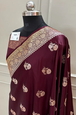Wine Golden Flower Katan Silk Banarasi Saree