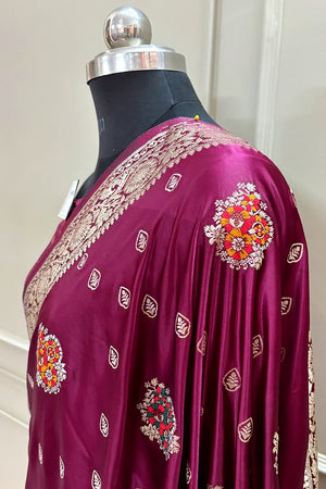 Wine Pangi Buti Katan Silk Banarasi Saree