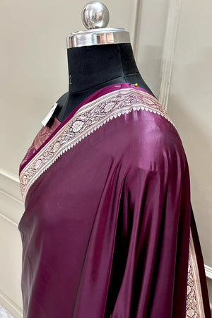 Wine Plain Zari Border Katan Silk Banarasi Saree