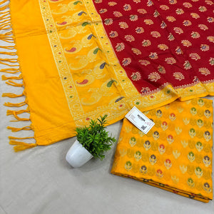 Yellow and Red Golden Zari Katan Silk Banarasi Suit