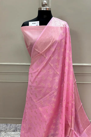 Baby Pink Daab Buti Chanderi Silk Banarasi Saree