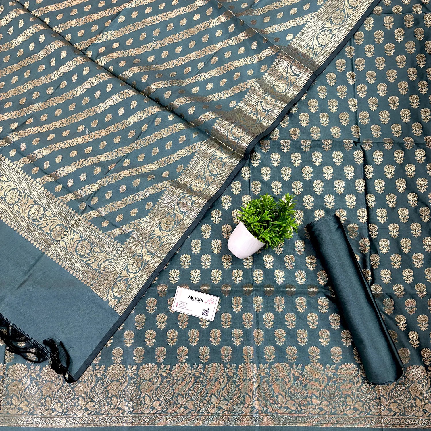 Grey Sunflower Satin Silk Banarasi Suit