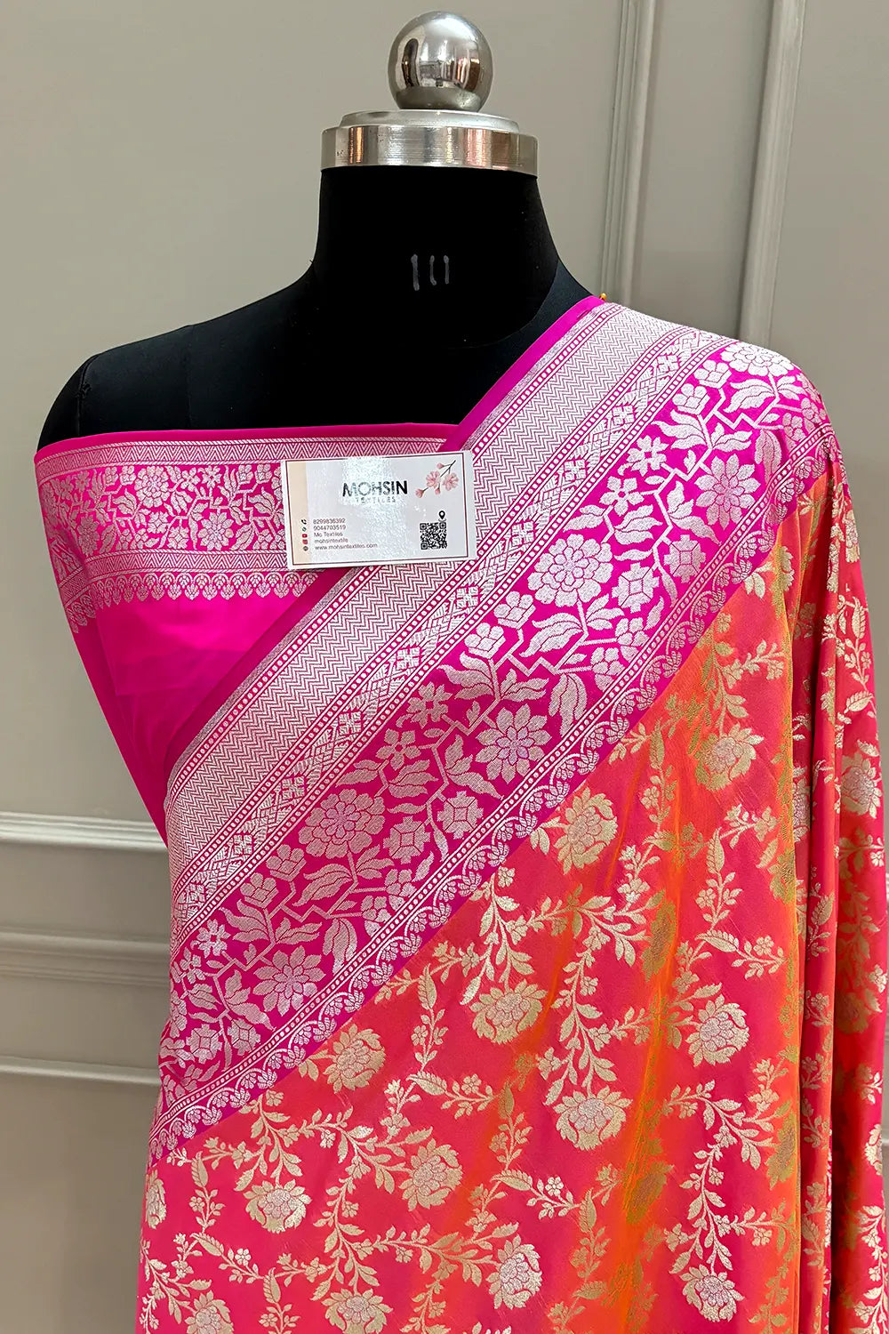 Peach and Pink Maharani Jaal Crepe Silk Banarasi Saree
